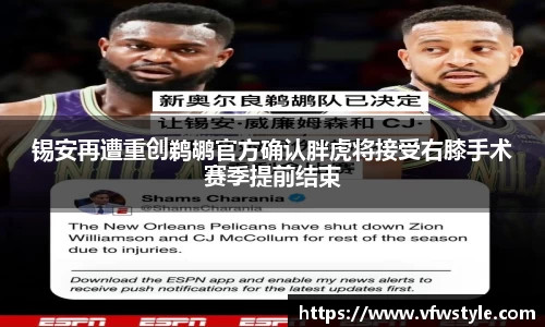 锡安再遭重创鹈鹕官方确认胖虎将接受右膝手术赛季提前结束